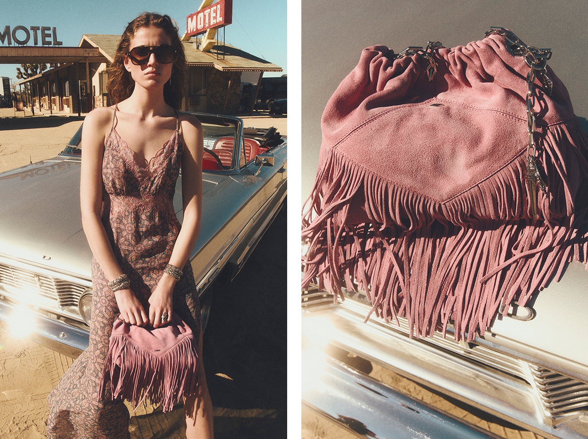 a model wearing a pink dress posing on a car and the new pink mini June tote bag